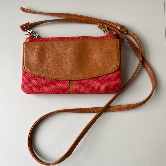 Nikita Lynn Crossbody Bag Red Burlap Brown Faux Leather Trim Detachable Strap - Picture 1 of 11